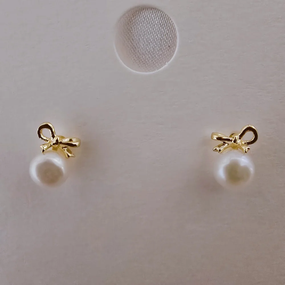 S 925‎ Needle - Gold-plated Bow Pearl Drop Earrings - Women Jewelry